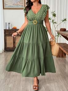 Weeklong Plus Size Women's Long Dress, V-Neck, Ruffle Sleeves, Side Slit, Beach Formal Vacation Vacation Style, Solid Color Sage Green Summer Casual - Army Green - View 5