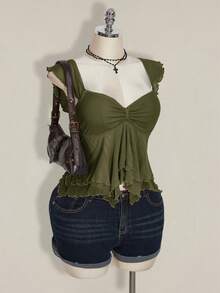 SHEIN ICON Plus Size Women Ruched Front Fitted Sexy Mesh Splice Flutter Sleeve Backless Casual Vacation Cropped Tank Top, Autumn, Back To School - Olive Green - View 6