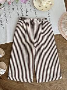 SHEIN Baby Girl Casual Solid Color Woven Soft Elastic Waist Pants,Suitable For Outdoor Mom And Daughter,Spring/Summer/Autumn White Brown,Mom - Multicolor - View 2