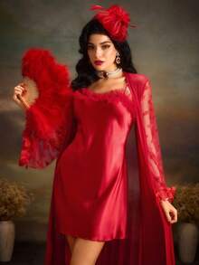 3D Floral Decor Mesh Ruffle Hem Loose Fit Robe PerfectSummer - Red - View 7