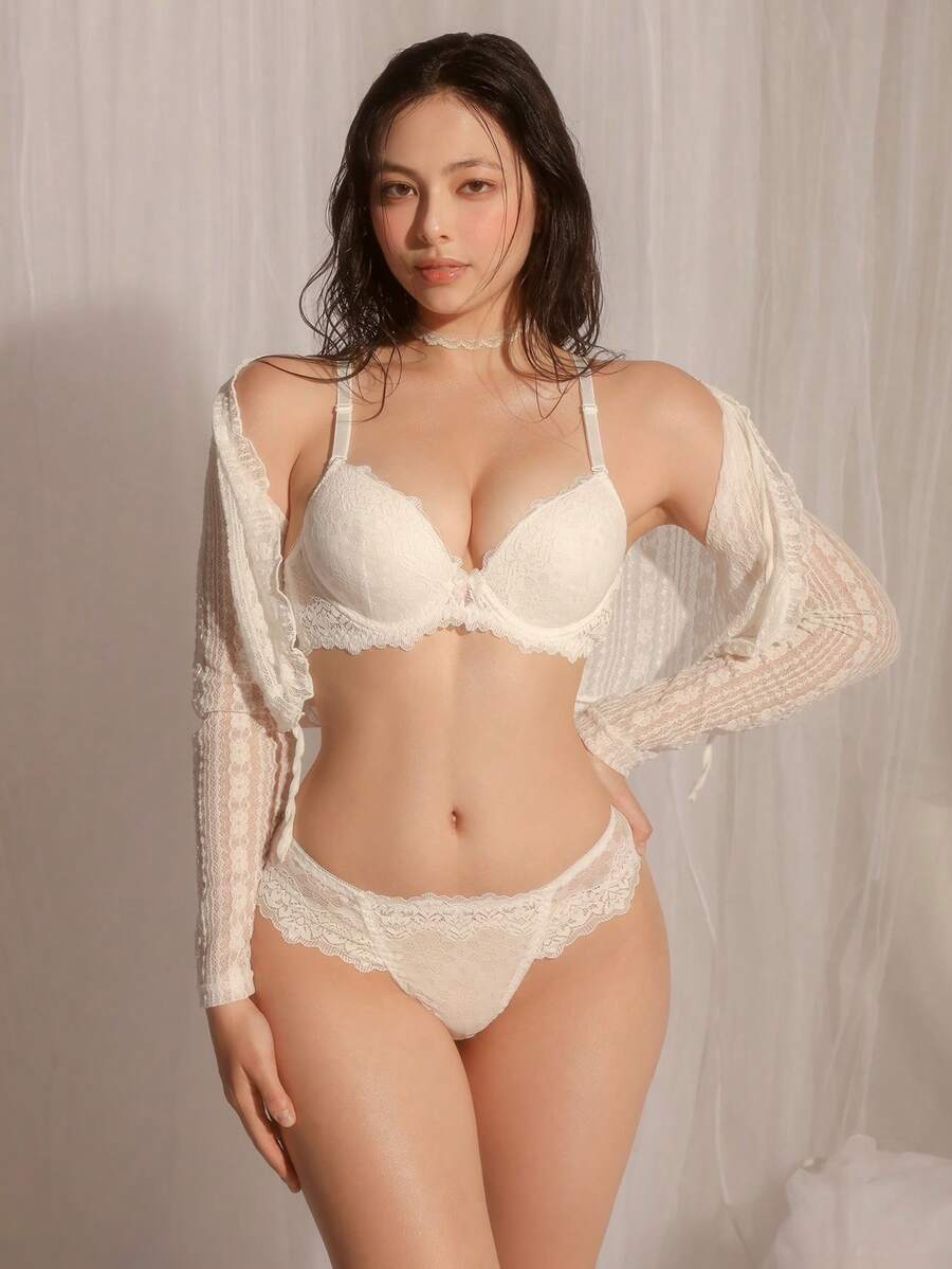 DelicateAllure 2pcs Lace Padded Underwire Bra Set For Women - White - View 1