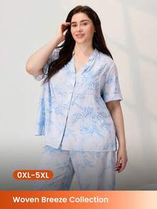LUVLETTE 大码柔软人造丝度假风印花短袖基础款纽扣上衣和裤子家居服透气睡衣套装裤子带口袋新娘内衣 - 藍色 - 查看 1
