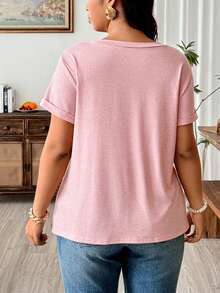 SHEIN CURVE+ Camiseta de manga corta de unicolor, versátil y casual para mujer de talla grande - Rosa - Ver 2