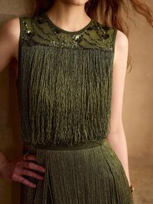 MOTF PREMIUM VESTIDO LARGO CON CINTURA CEÑIDA, ELEGANTE Y LUJOSO, CON PARCHES DE LENTEJUELAS, CUENTAS Y FLECOS, ADECUADO PARA BANQUETES Y FIESTAS EN OTOÑO/INVIERNO, VERDE MILITAR - Verde militar - Ver 1