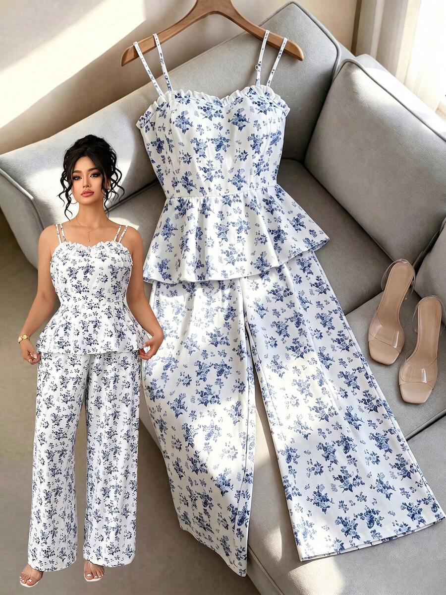 Elenzga Bộ đồ 2 món dành cho nữ cỡ lớn, họa tiết hoa nhí, viền bèo nhún, gồm áo hai dây và quần ống rộng. - trắng - Xem 1