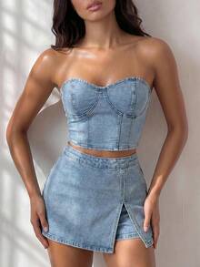 SHEIN Glamour Áo croptop denim không dây vai dành cho nữ - Màu xanh lam - Xem 1