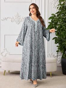 Al Najma Casual Allover Print Pleated Decor Long Sleeve Loose Regular Spring/Autumn Plus Size Women Arabic Dress - Multicolor - View 5