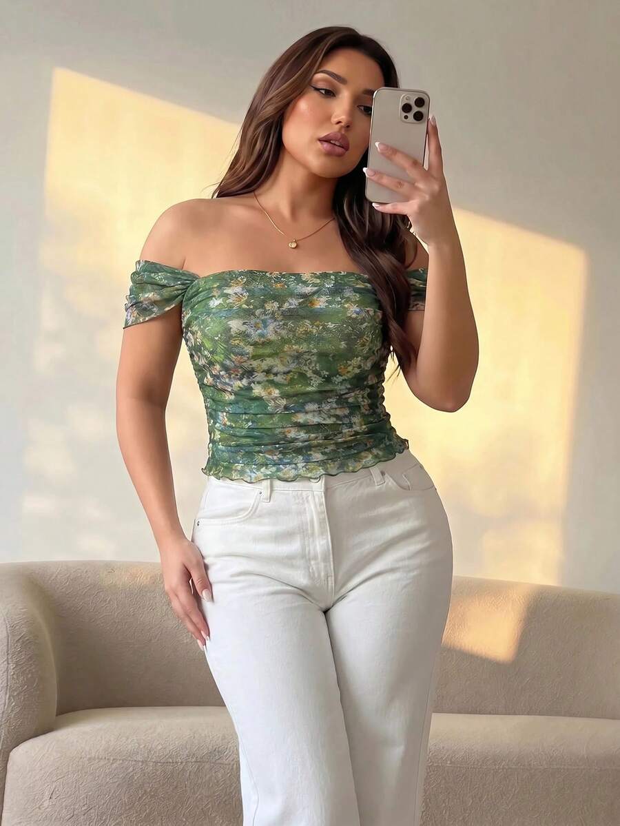 Hourglow Cardis.Ego Plus Size Women Off-Shoulder Vintage Green Floral Print Crop Top, Off-Shoulder Vintage Floral Mesh Blouse, Off The Shoulder Top, Vintage Van Gogh Painting Print Top, Going Out Top Women, Vacation Vintage Top, For Hourglass Body Shape, For Summer - Multicolor - View 1