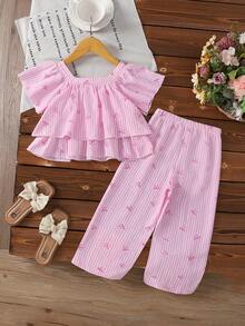 SHEIN Sparklyn Bộ 2 món cho bé gái, gồm áo tay phồng cổ vuông in họa tiết hoa cúc dễ thương và quần ống rộng thanh lịch. - Hồng - Xem 3