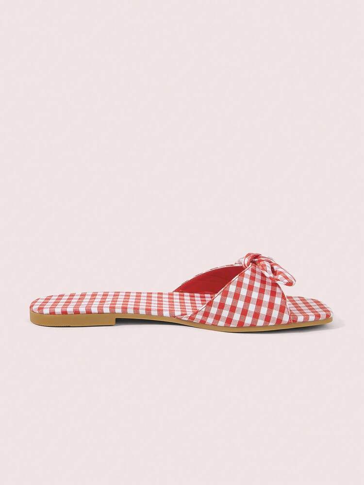 CUCCOO DOLLMOD Women Shoes Red And White Plaid Fashion Bow Element Resort Beach Flat Sandals