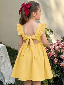 LMoss Kids Young Girl Woven Solid Color Square Neck Ruffle Hem Casual Dress - Yellow - View 7