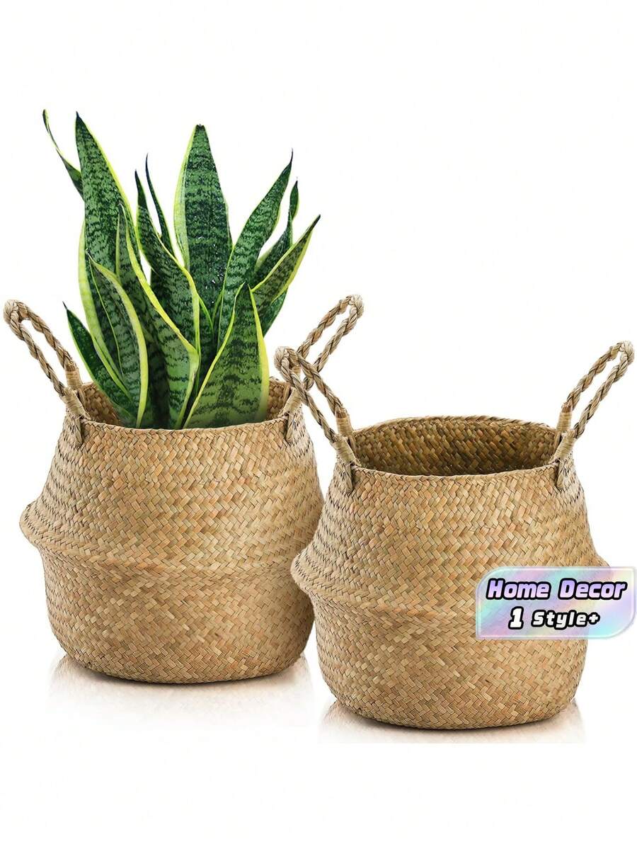 1PC Natural Seagrass Woven Hanging Basket Planter For Plants Laundry Storage Home Decor Macrame Wall Hanger Boho Style Accessory - Khaki - View 1