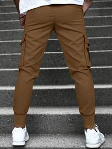 Manfinity Homme Loose Fit Men's Flap Pocket Side Drawstring Waist Cargo Pants - Brown - View 2