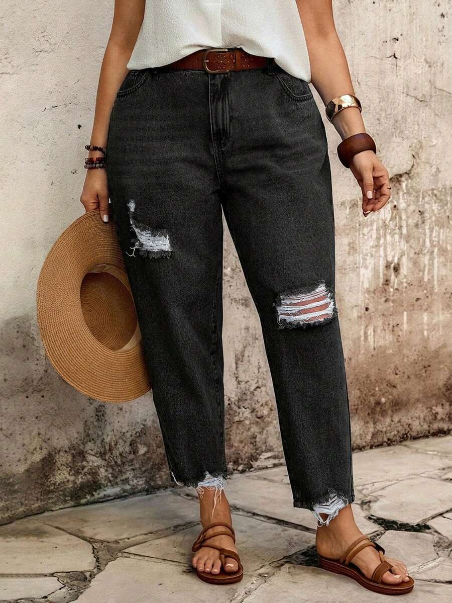 EMERY ROSE EMERY ROSE Jeans de pierna entallada con bolsillos desgastados para mujer de talla grande - Negro - Ver 1