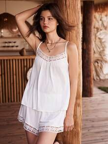Lullawish Bộ đồ ngủ camisole phối ren patchwork phong cách Bohemian - trắng - Xem 4
