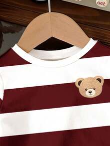 SHEIN Baby Boy Casual Striped Cartoon Bear Print Short Sleeve Top, Suitable For Spring/Summer - Multicolor - View 5
