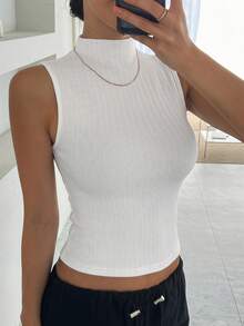 DAZY Women's High Neck Solid Color Fitted Autumn Camisole Golf White Basic - White - View 4
