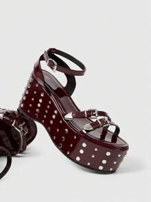 ROMWE Grunge Punk Ladies, Spike Buckles, Lame-Heeled Platform Sandals. Summer - Burgundy - View 4