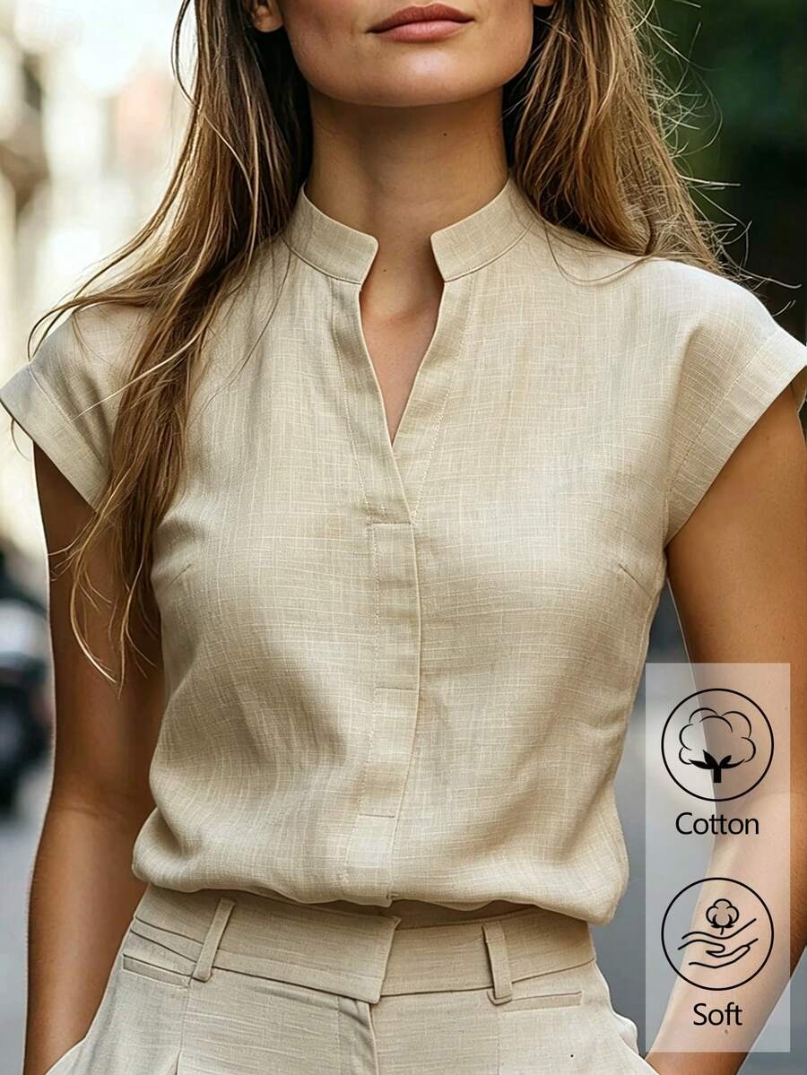 EMERY ROSE 女士纯色休闲百搭日常衬衫 - 卡其色 - 查看 1