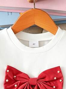 Elladie kids 4-7岁女童两件套：可爱蝴蝶结装饰串珠短袖上衣和松紧腰串珠开衩短裤，适合日常生活、派对和其他场合。 - 紅色 - 查看 4