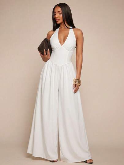 Radiana Women's White Summer Elegant Holiday Vacation Jumpsuit, Minimalist Casual Chic Fitted Waist Outfit,Date Beachwear,Commute Office Outerwear Pants