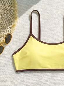Swim Mod 2025 New 3pcs/Set Women Spaghetti Strap Wireless Solid Color Bikini Swimwear Set - Yellow - View 4