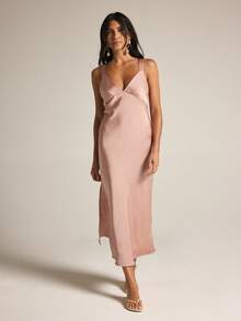 KSTM Women's Sleeveless Satin Midi Dress With V-Neck Contrast Seam Detail Perfect For Party Evening Occasions Dusty Pink Summer Elegant - Pink - View 1