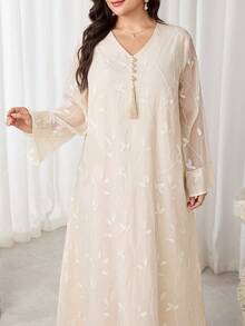 Al Najma Plus Size Women's Elegant Arabic Style Dress With Floral Embroidery And Tassel Design - Apricot - View 9