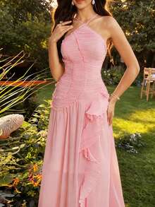 Modelyn Vestido elegante con diseño de capas, espalda descubierta, plisado de unicolor y volante en el bajo - Rosa - Ver 1