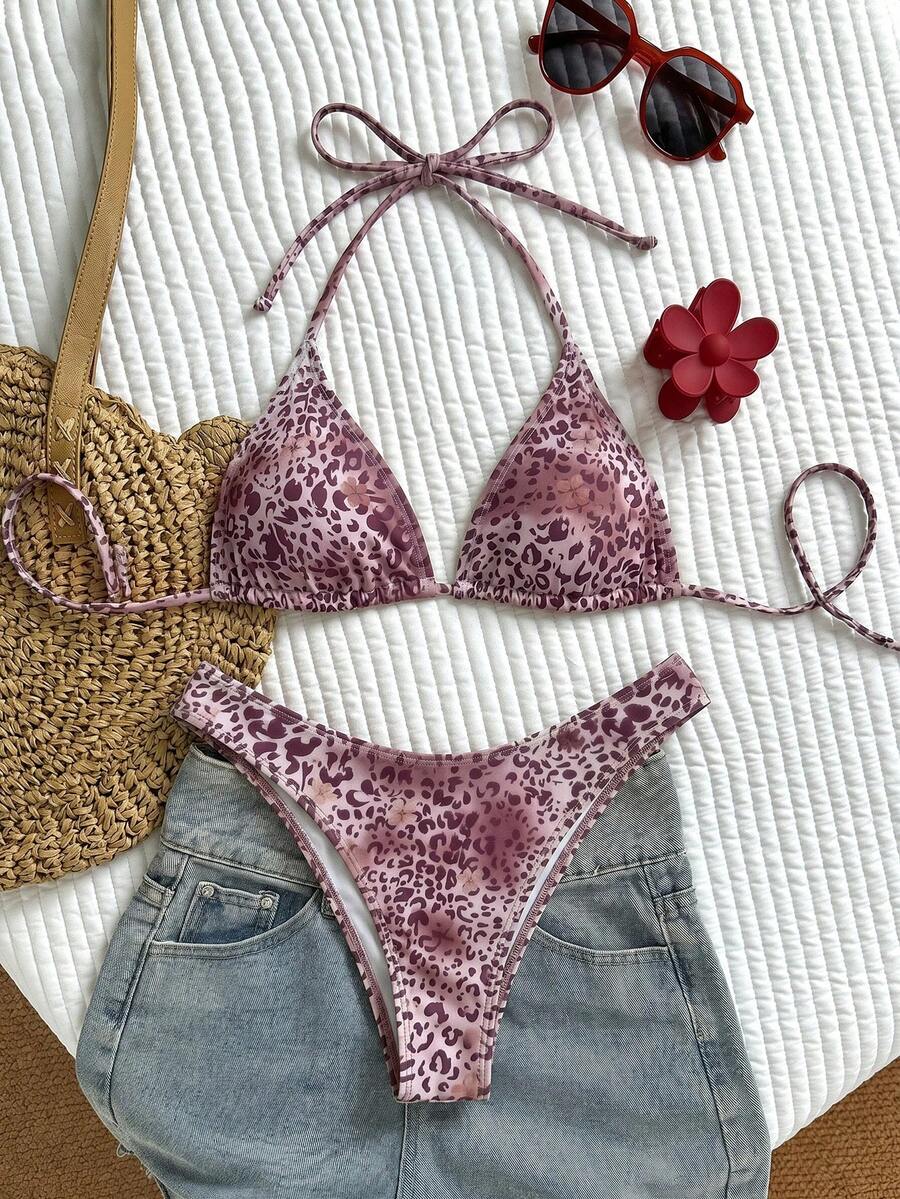 SHEIN Swim 女款夏季海灘派對度假豹紋花卉印花掛脖綁帶性感輕盈熱帶比基尼三角泳褲泳衣套裝 彩虹豹紋 - 彩色 - 查看 1