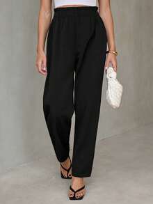 SHEIN Tall Solid Elastic Waist Cropped Pants, Loose Casual Versatile Everyday Wear - Black - View 1
