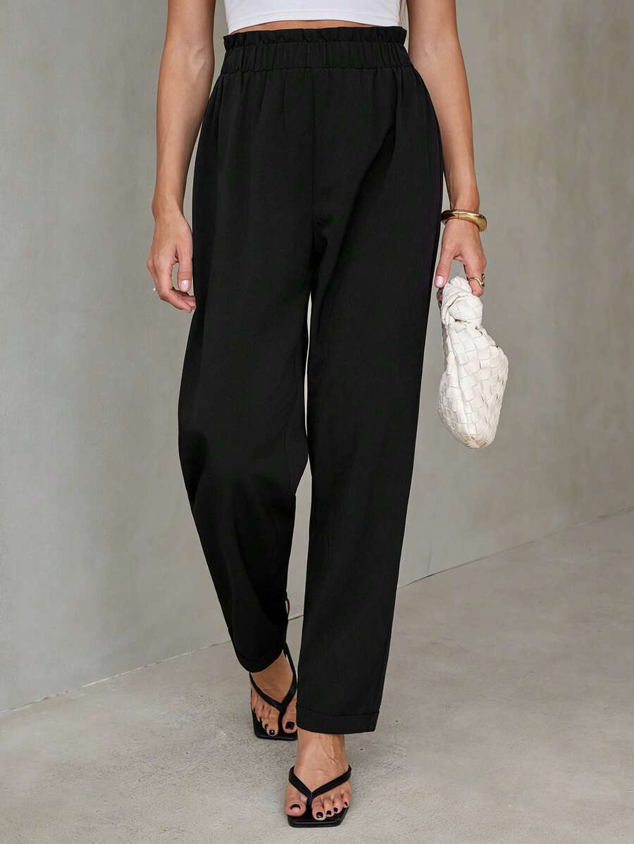 SHEIN Tall Solid Elastic Waist Cropped Pants, Loose Casual Versatile Everyday Wear - Black - View 1