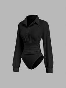 Sweetra Bộ áo liền quần tay dài cổ polo màu trắng tối giản, kiểu dáng thanh lịch, đa năng, ôm sát eo, tôn dáng. - màu đen - Xem 1