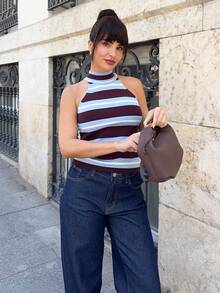 Marta Soriano Atasan Sweater Rajut Garis-Garis Minimalis Tanpa Lengan untuk Musim Panas - Coklat - View 2
