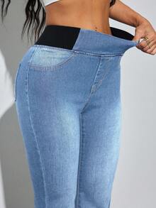 SHEIN PETITE Calça Denim Azul Skinny Flare Feminina, Confortável, Jeans de Alta Elasticidade, Estilo Sereia, para Verão e Escritório, para Mulheres Petite - Lavagem clara - Visão 7