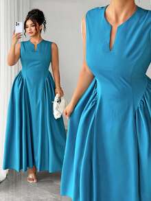 Celure Plus Size Women's Elegant Brown Summer Maxi Dress, Ruched Sides A-Line Wedding Gym Party Dress, Short Sleeve Textured Fabric Resort Dress For Prom - Teal Blue - View 8
