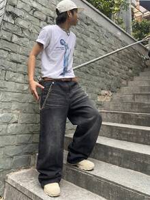 青少年男孩時尚休閒復古街頭黑色寬鬆牛仔褲，適合電音派對穿搭、音樂節街頭風 - 黑色 - 查看 7