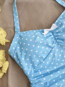 SHEIN 少女波点露背褶皱连体泳衣，适合海滩度假、泳池派对、沙滩派对 - 藍色 - 查看 8