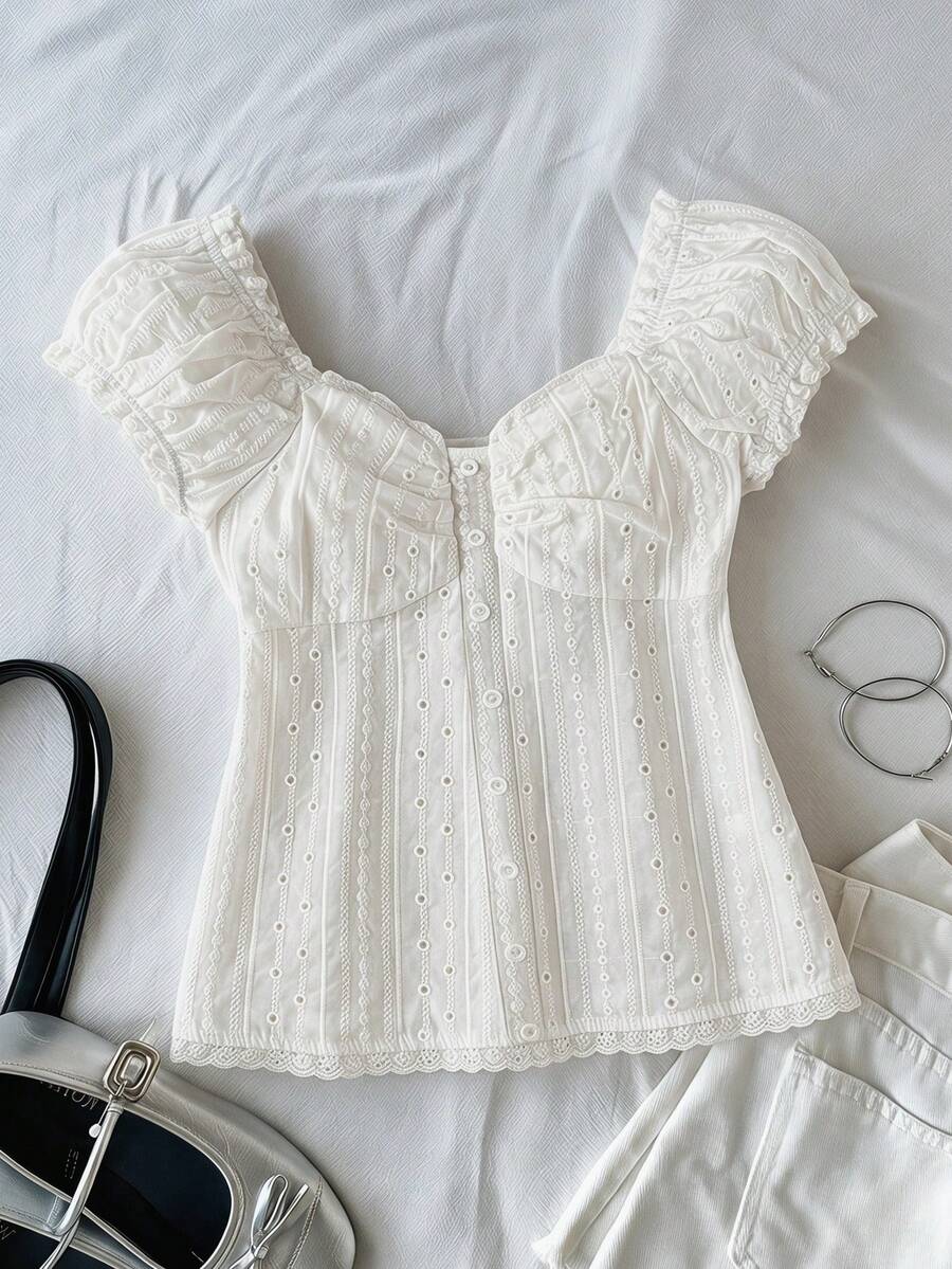 SHEIN Áo sơ mi tay ngắn thời trang thường ngày cho bé gái tuổi teen - trắng - Xem 1