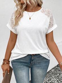 EMERY ROSE Women's Spring/Summer New Arrival Lace Patchwork Round Neck Short Sleeve Casual Versatile Plus Size T-Shirt - White - View 6