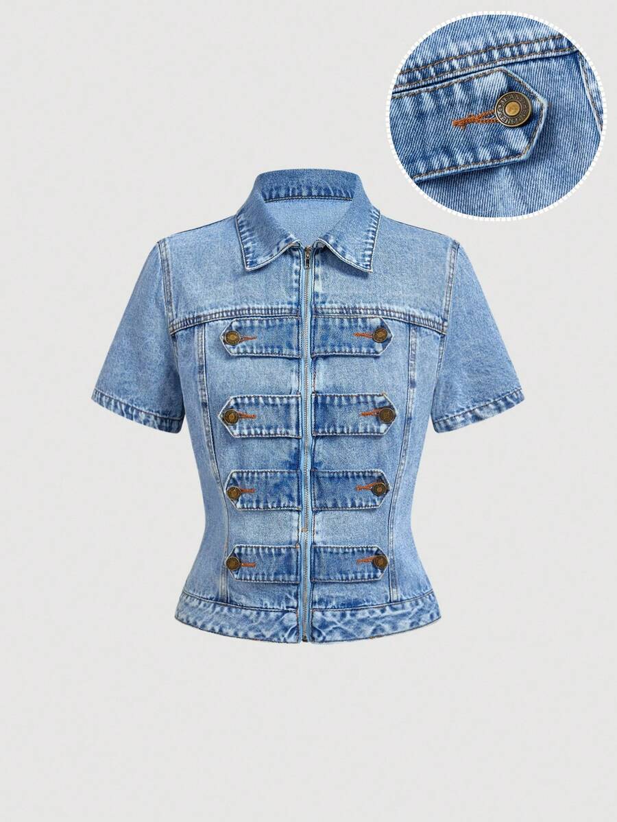 Sweetra Chaqueta vaquera de manga corta con cremallera informal para mujer, de verano - Azul - Ver 1