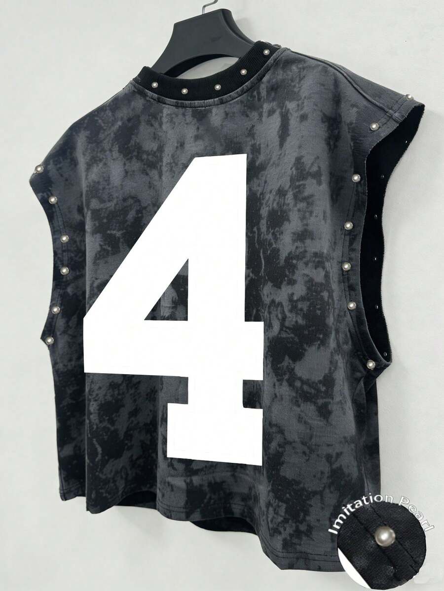 Manfinity Roghcode Áo tank top unisex phong cách retro in số 4, đính ngọc trai giả, thích hợp cho các lễ hội âm nhạc. - màu đen - Xem 1