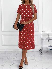 SHEIN Clasi Đầm nữ tay cánh dơi chấm bi mùa thu mới, đen trắng, đa năng cho đi làm hàng ngày và nhiều dịp khác nhau. - Đỏ và trắng - Xem 5