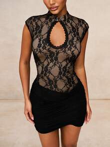 Autumn Black And Beige Floral Lace Mini Dress Women Chic Sexy Club Date Night Date Night Night Elegant Keyhole Neckline Mesh Sleeveless Cinched Waist - Black - View 14