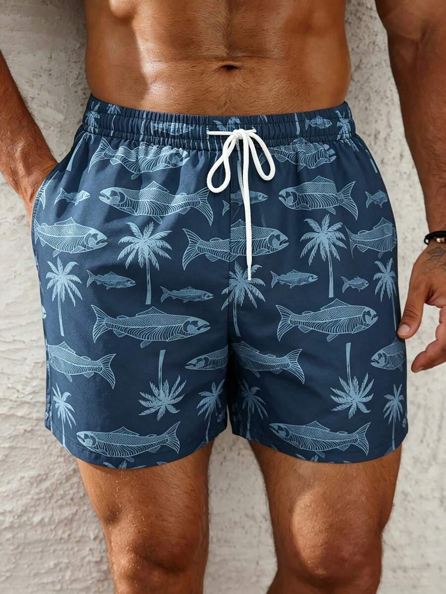 Manfinity KASUA Men's Drawstring Waist Coconut Tree Print Casual Beach Shorts, Holiday - Multicolor - View 1