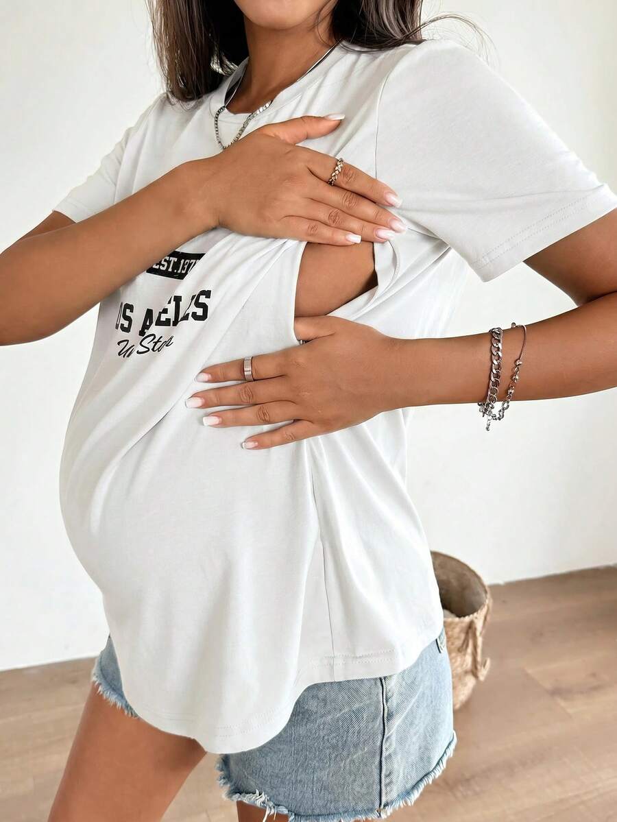 SHEIN 孕妇休闲日常通勤简约字母印花短袖哺乳T恤,夏季 - 白色 - 查看 1