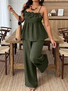 Weeklong Plus Size Women's Casual Camisole & Cinched Waist Floral Decor Two-Piece Outfit, Spring/Summer - Army Green - View 4