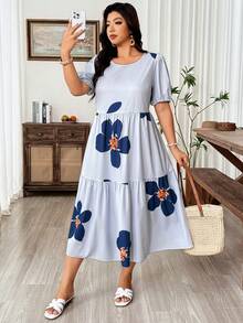Weeklong Vestido casual de vacaciones con cuello redondo, manga corta y estampado floral para mujer de talla grande - Neblina azul - Ver 5