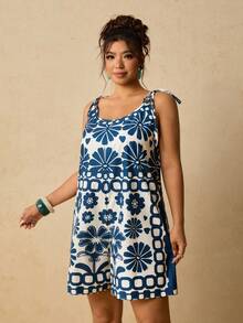Travachic Plus Size Casual Vacation Floral Print Red Tie-Up Loose Camisole For Women - Blue and White - View 4