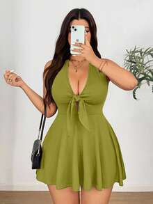 Sunnyshic Plus Size Elastic Knit Tie Bow Decor Dress - Olive Green - View 1
